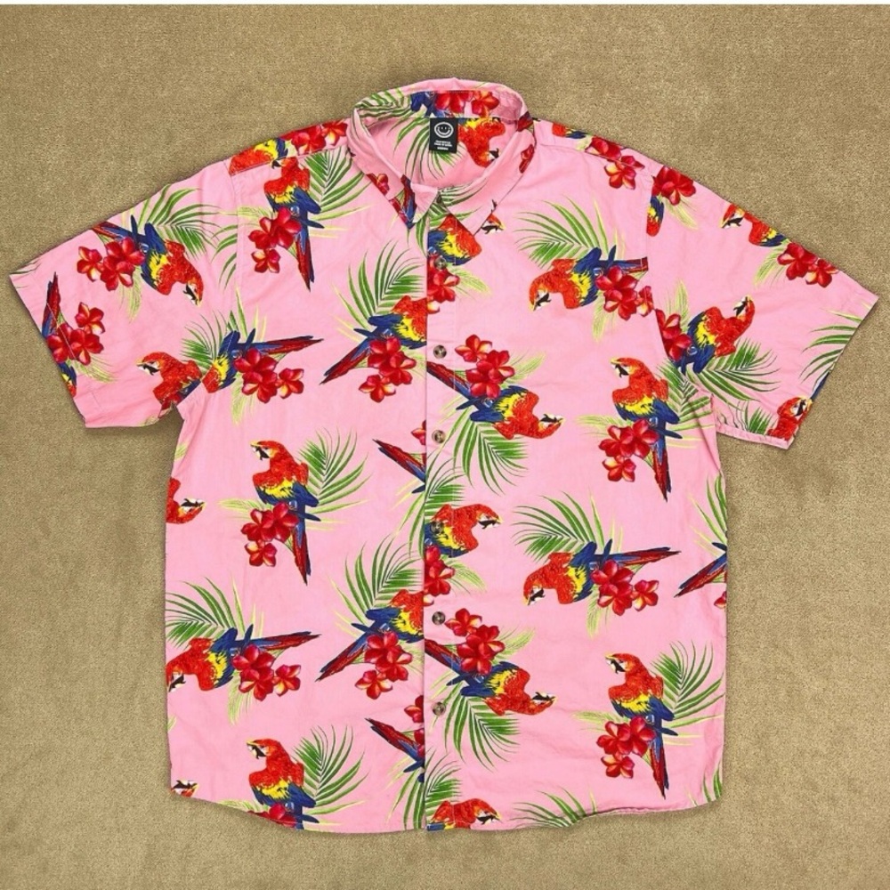 Pink Tropical Parrot Print Men's Shirt